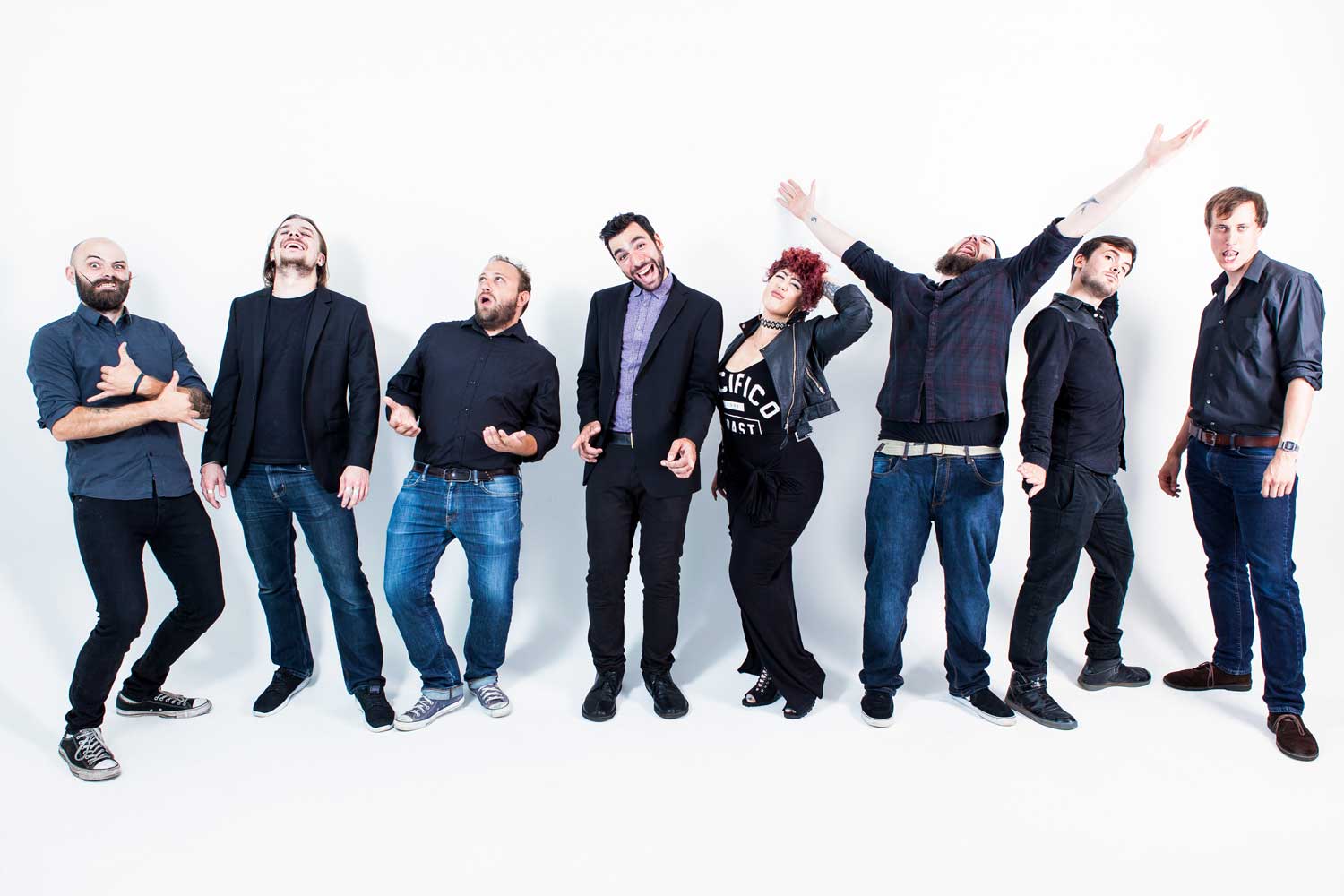 Group portrait of funk band Funktopus in the studio.